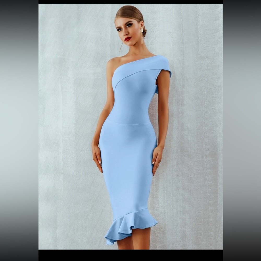 One shoulder bodycon bandage dress medium baby blue